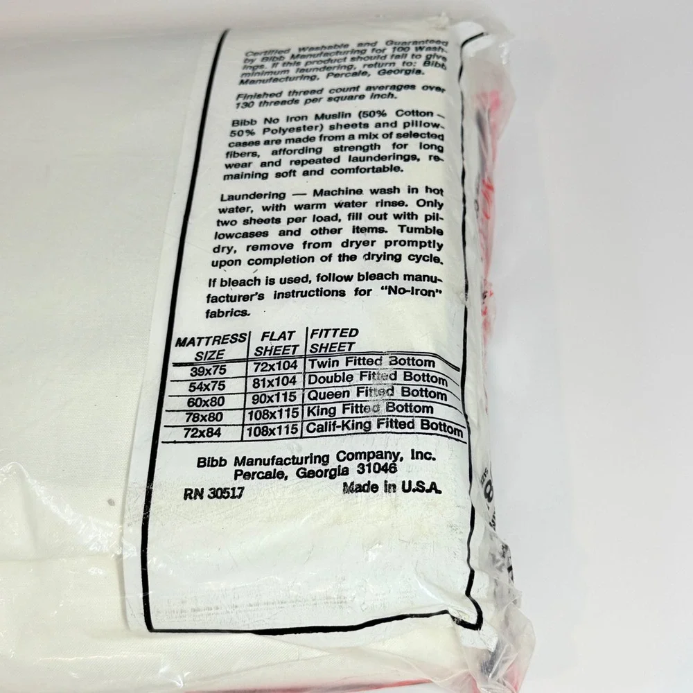 Vintage Bibb No Iron Muslin King Flat Sheet White 108x115 Made in USA New